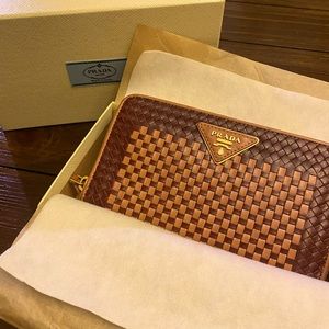 Prada madras woven wallet